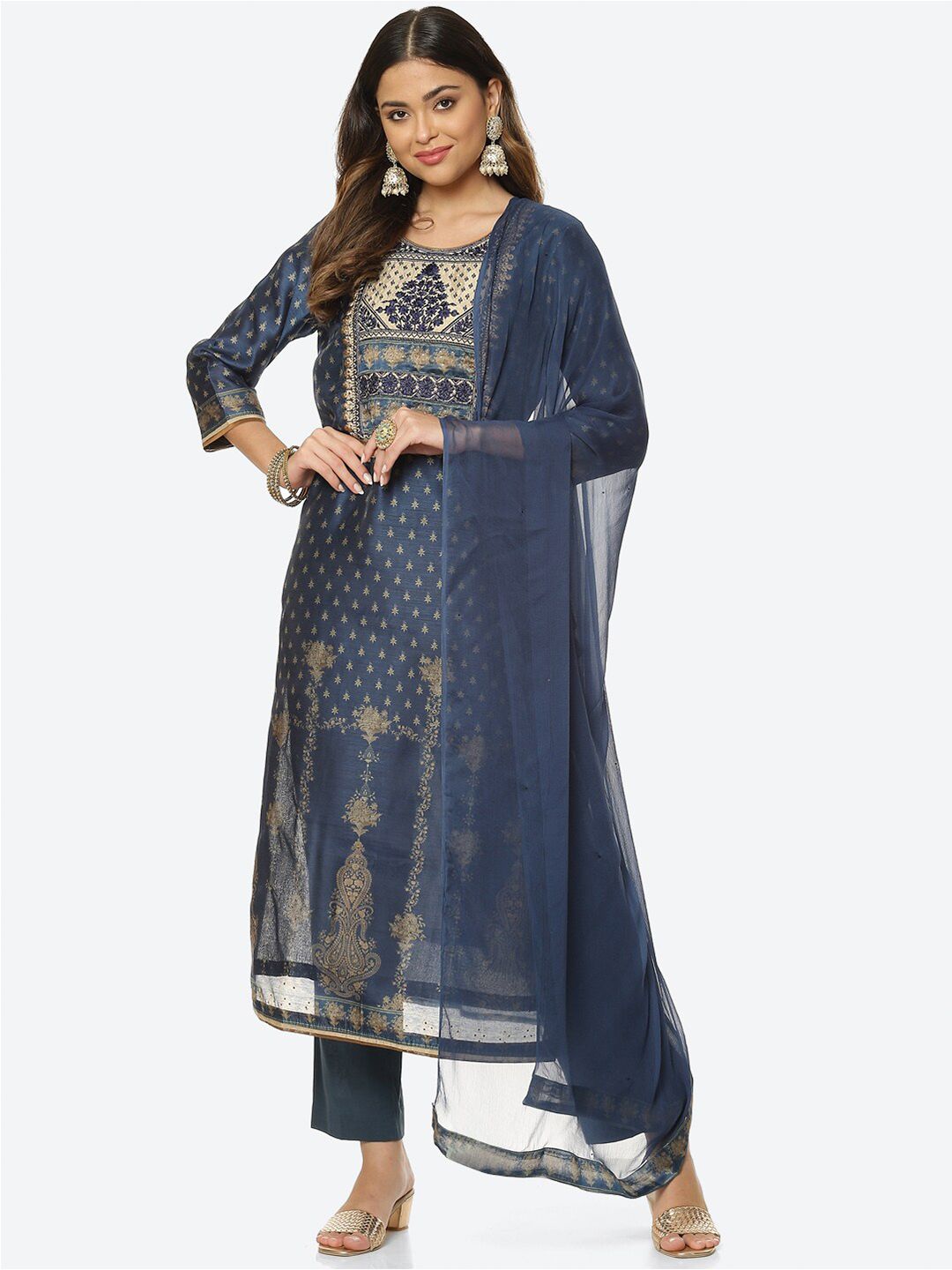 Meena Bazaar Navy Blue & Gold-Toned Embroidered Unstitched Dress Material Price in India