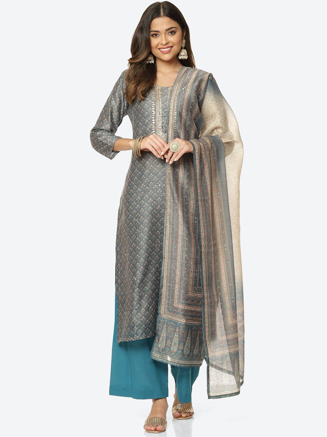 Meena Bazaar Women Blue & Beige Embroidered Unstitched Dress Material Price in India