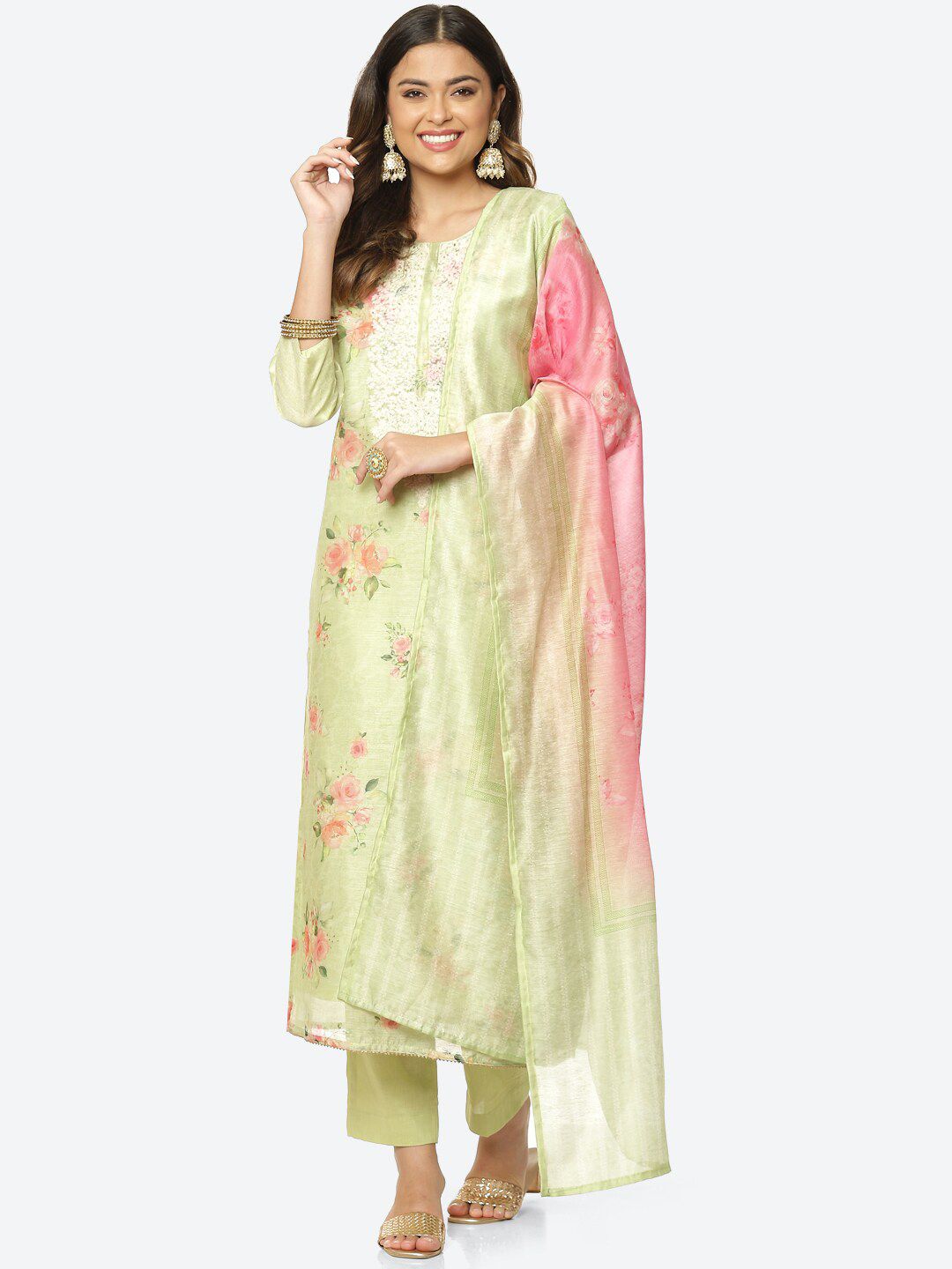 Meena Bazaar Women Green & Pink Printed and Embroidered Neck Unstitched Dress Material Price in India