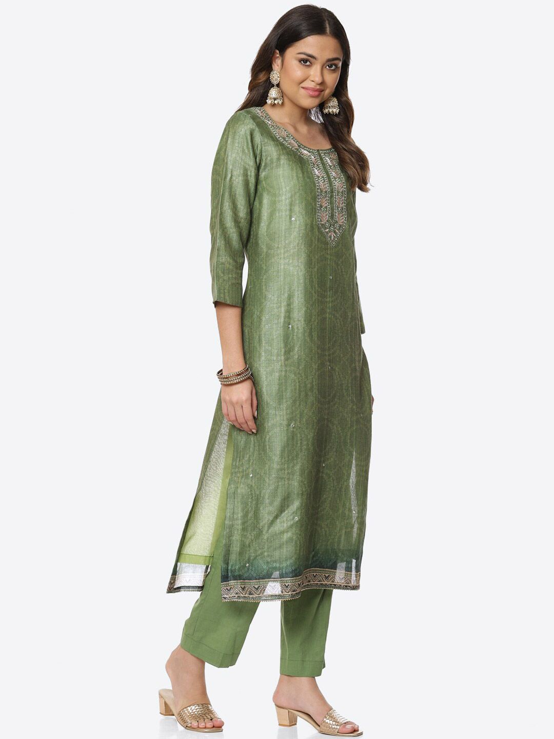 Meena Bazaar Women Green & Grey Printed Unstitched Dress Material Price in India