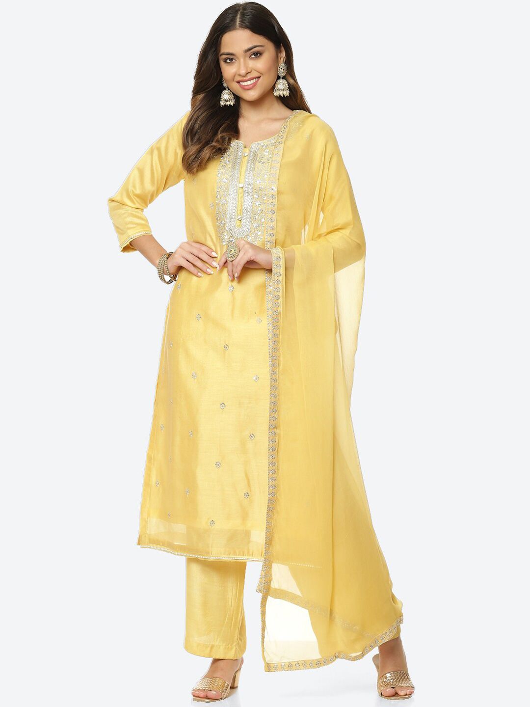 Meena Bazaar Women Yellow & Silver-Toned Embroidered Unstitched Dress Material Price in India