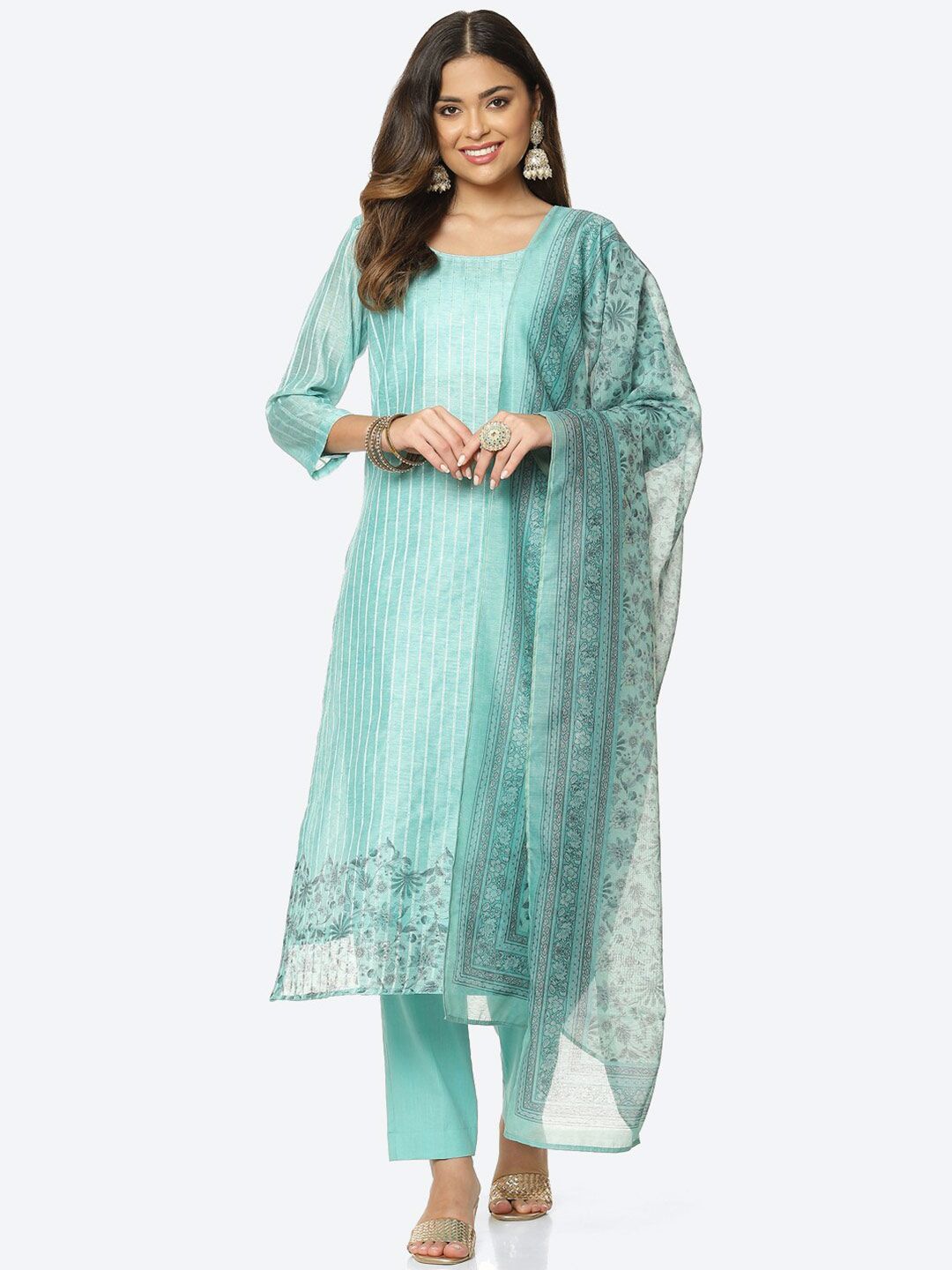Meena Bazaar Green & Grey Printed Unstitched Dress Material Price in India