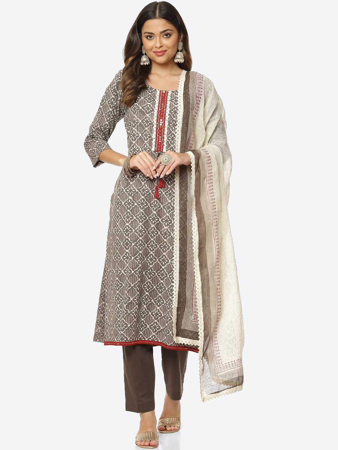 Meena Bazaar Brown & Off White Printed Pure Cotton Unstitched Dress Material Price in India