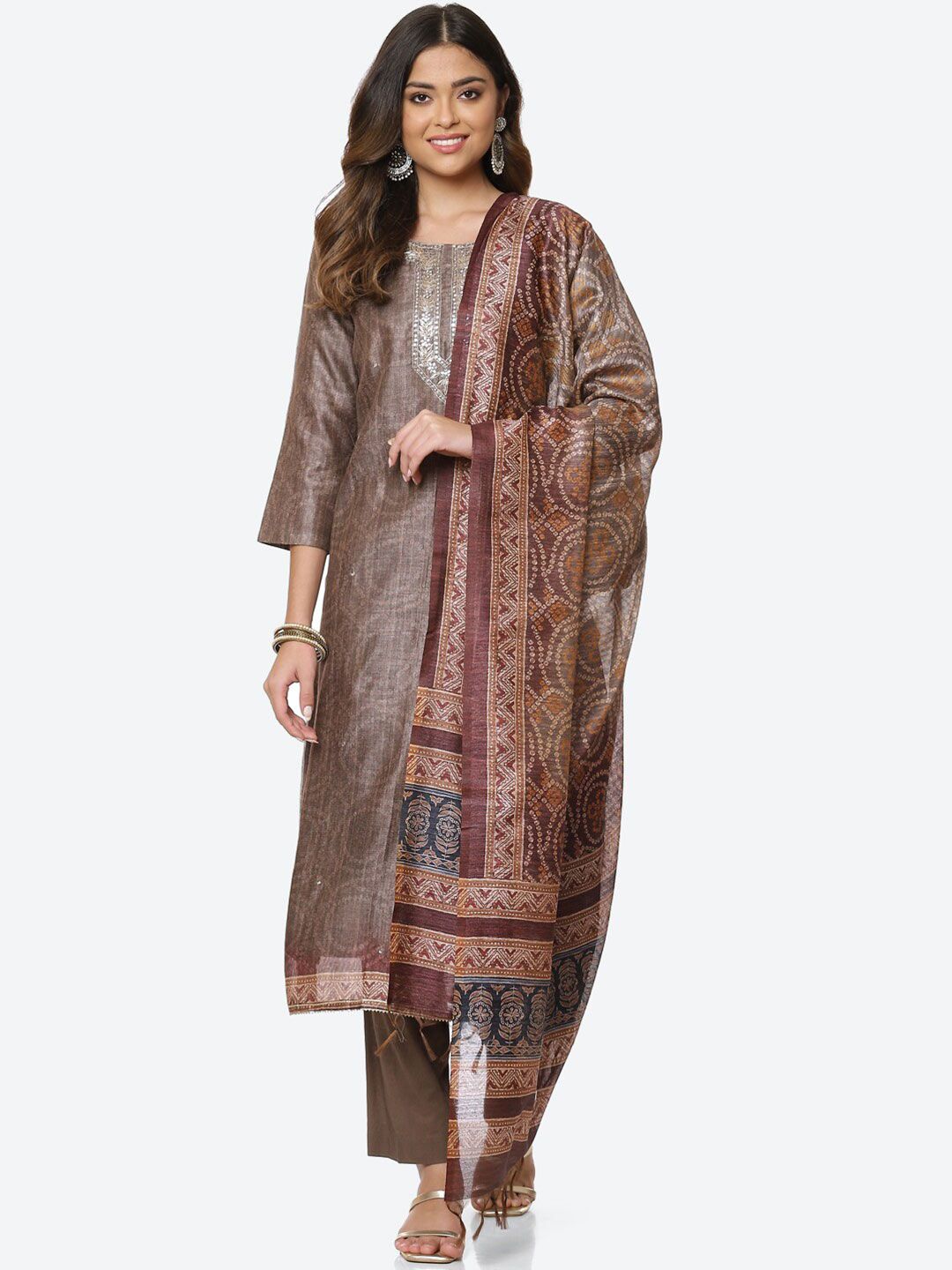 Meena Bazaar Brown & Blue Printed Unstitched Dress Material Price in India