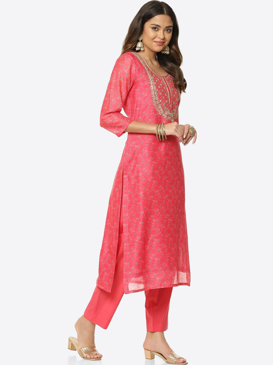 Meena Bazaar Pink & Silver-Toned Embroidered Unstitched Dress Material Price in India