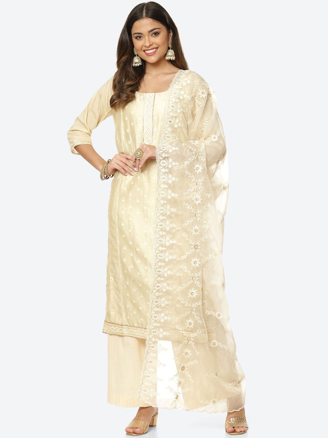 Meena Bazaar Beige & Gold-Toned Embroidered Unstitched Dress Material Price in India