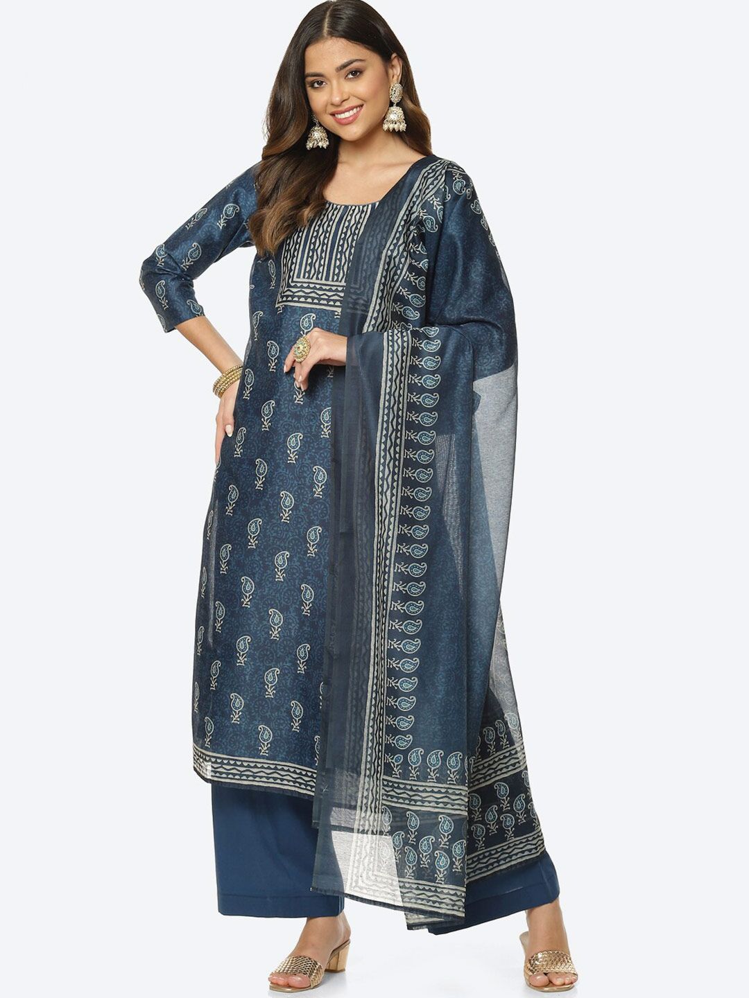 Meena Bazaar Navy Blue & Off White Printed Unstitched Dress Material Price in India