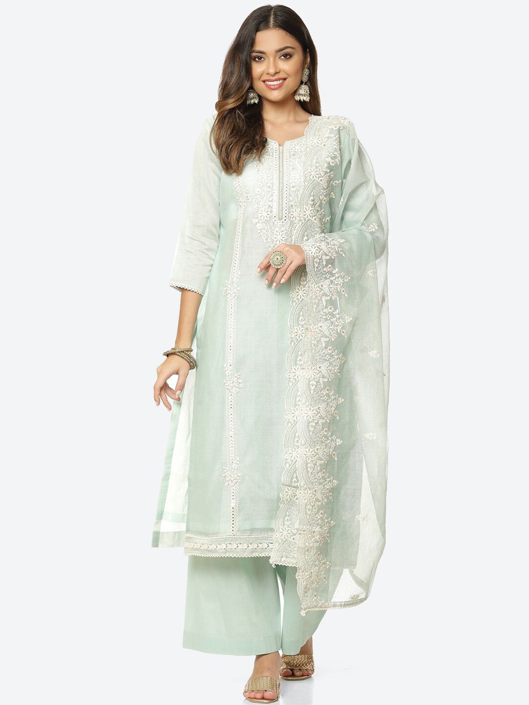 Meena Bazaar Green & White Embroidered Unstitched Dress Material Price in India