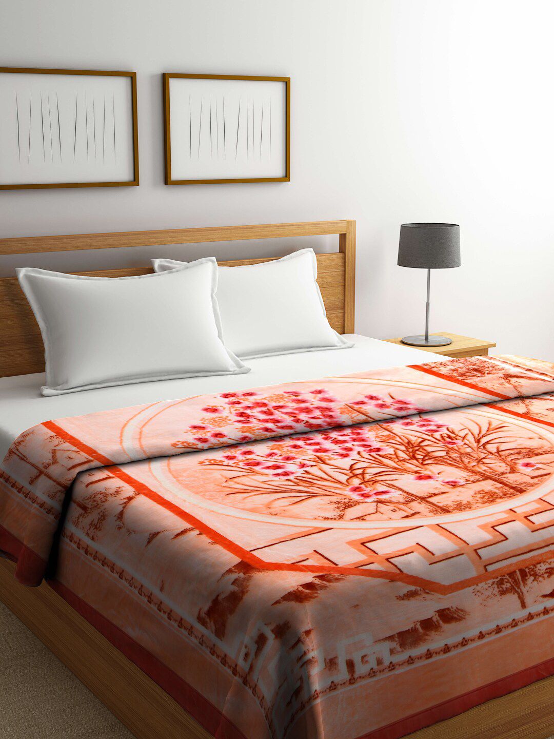 KLOTTHE Peach-Coloured Floral Mild Winter 800 GSMDouble Bed Blanket Price in India