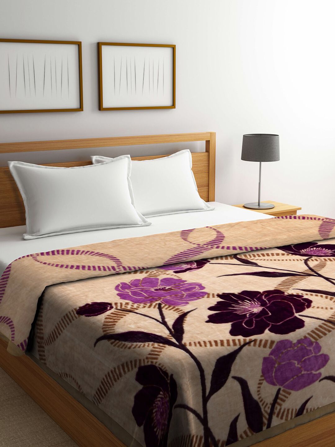 KLOTTHE Brown & Purple Floral Mild Winter Double Bed Blanket Price in India