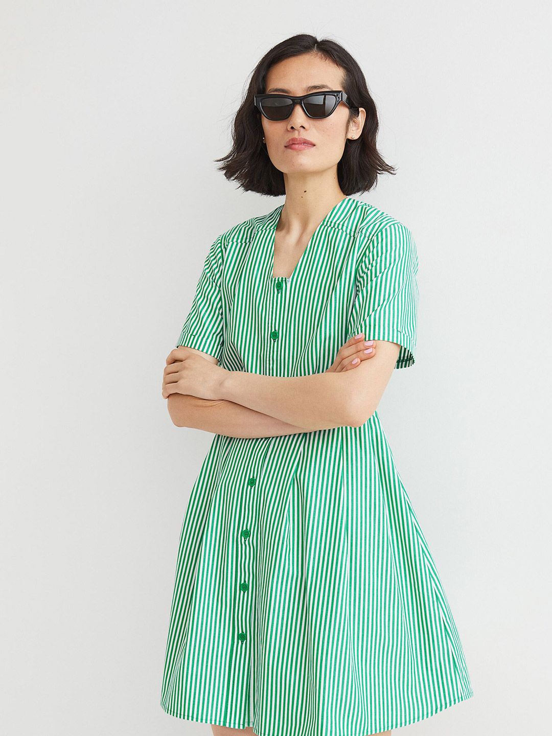 H&M Green Striped Button-Front Pure Cotton A-Line Dress Price in India