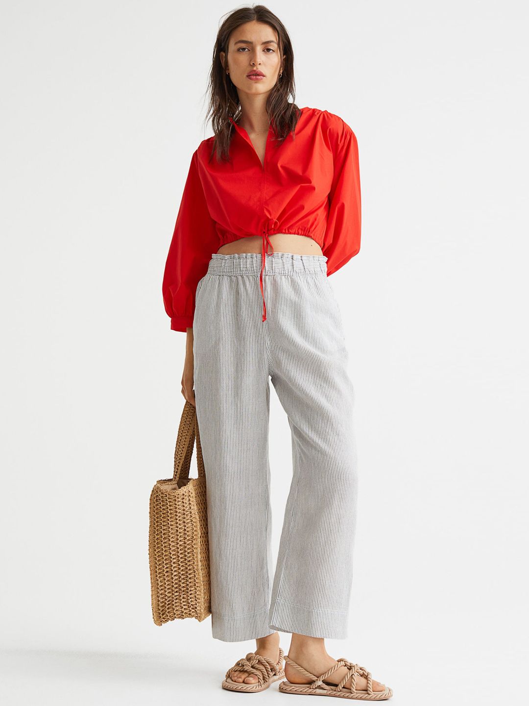 H&M Women Grey Ankle-Length Linen Trousers Price in India