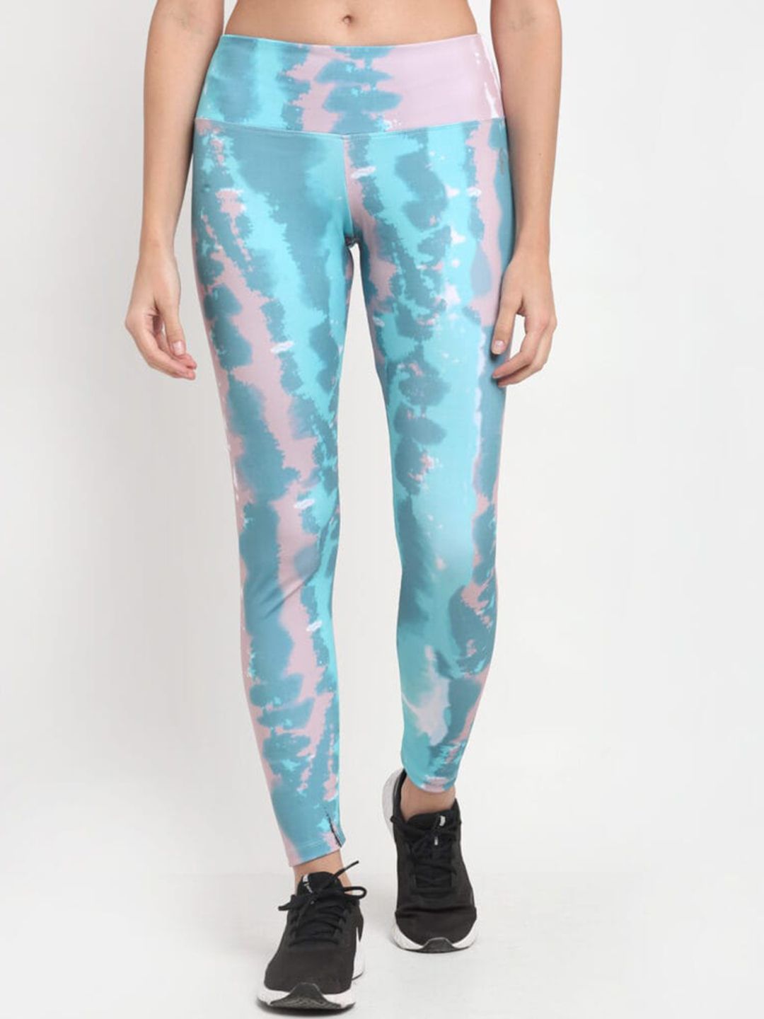 FITLETHICS Women Blue Tie & Dye Printed Ankle Length Training Tights Price in India