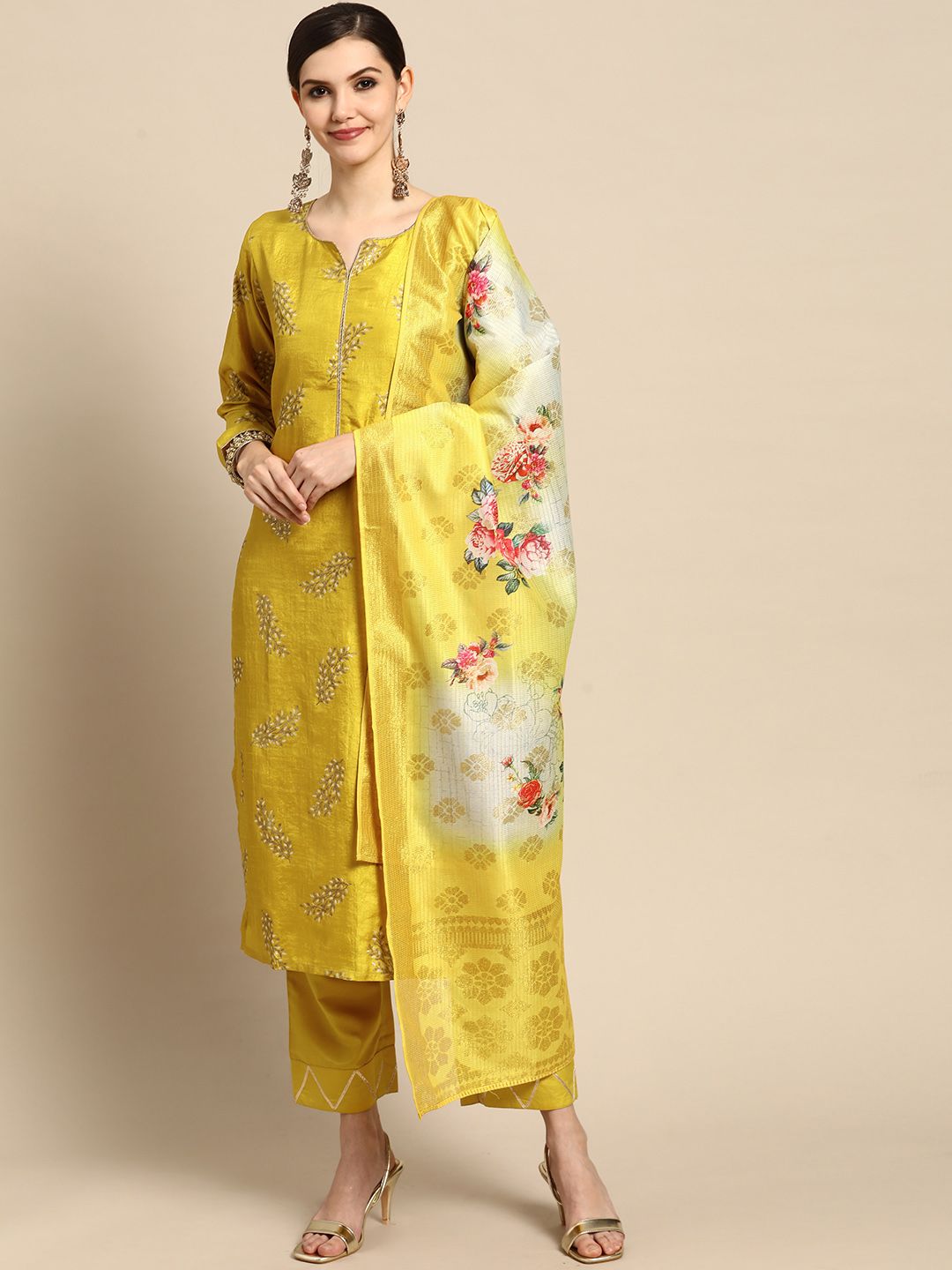 GERUA Women Mustard Yellow Floral Printed Kurta with Trousers & With Dupatta