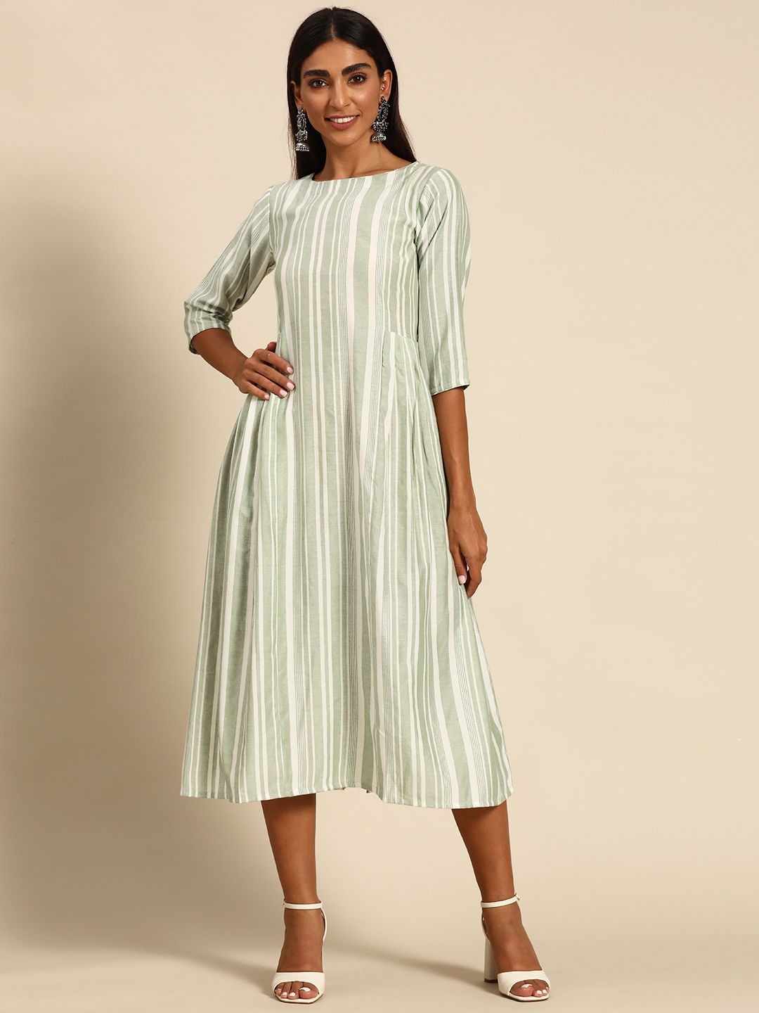 GERUA Green & White Striped Cotton A-Line Midi Dress Price in India