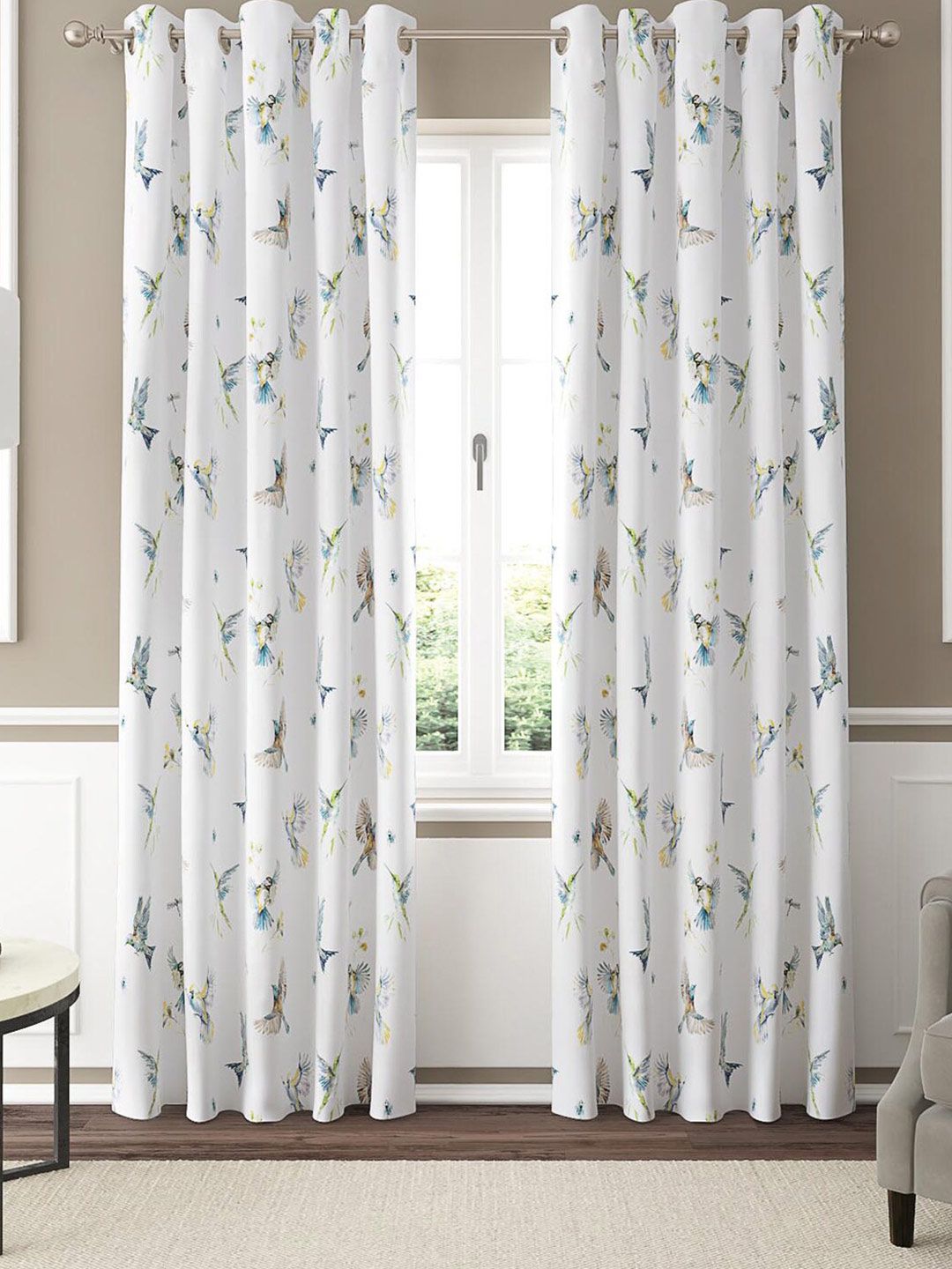 GM White & Blue Set of 2 Floral Room Darkening Door Curtain Price in India