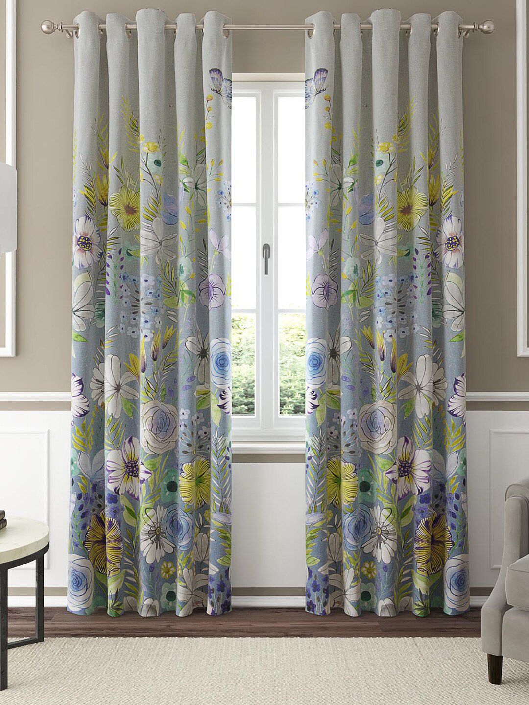 GM Grey & White Set of 2 Floral Room Darkening Door Curtain Price in India