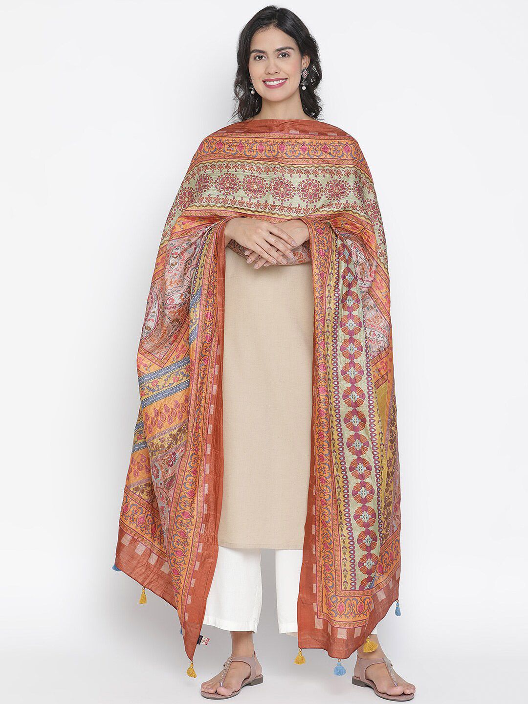 SHINGORA Brown & Brown Paisley Printed Pure Silk Dupatta