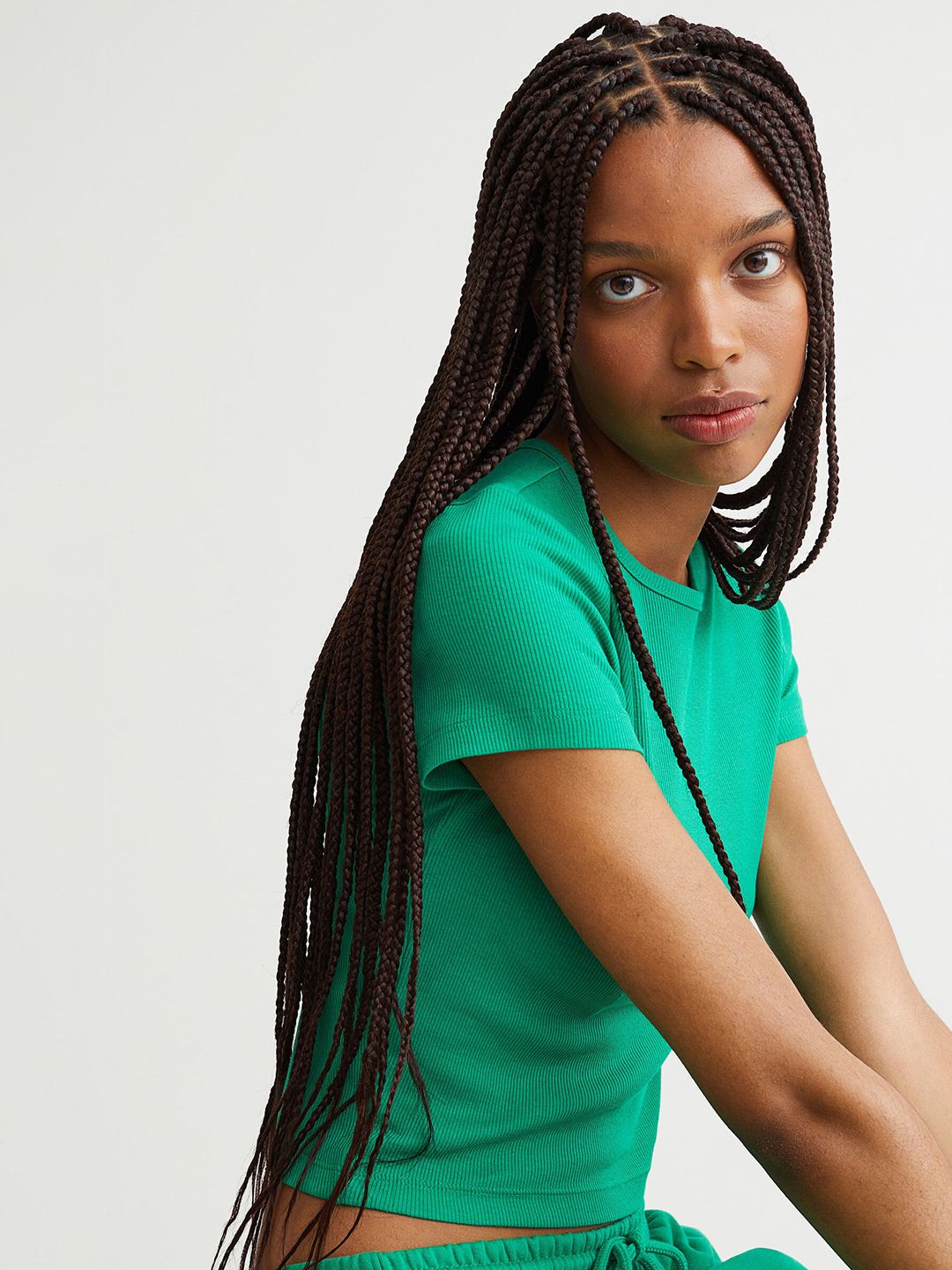 H&M Women Green Ribbed Cropped Top