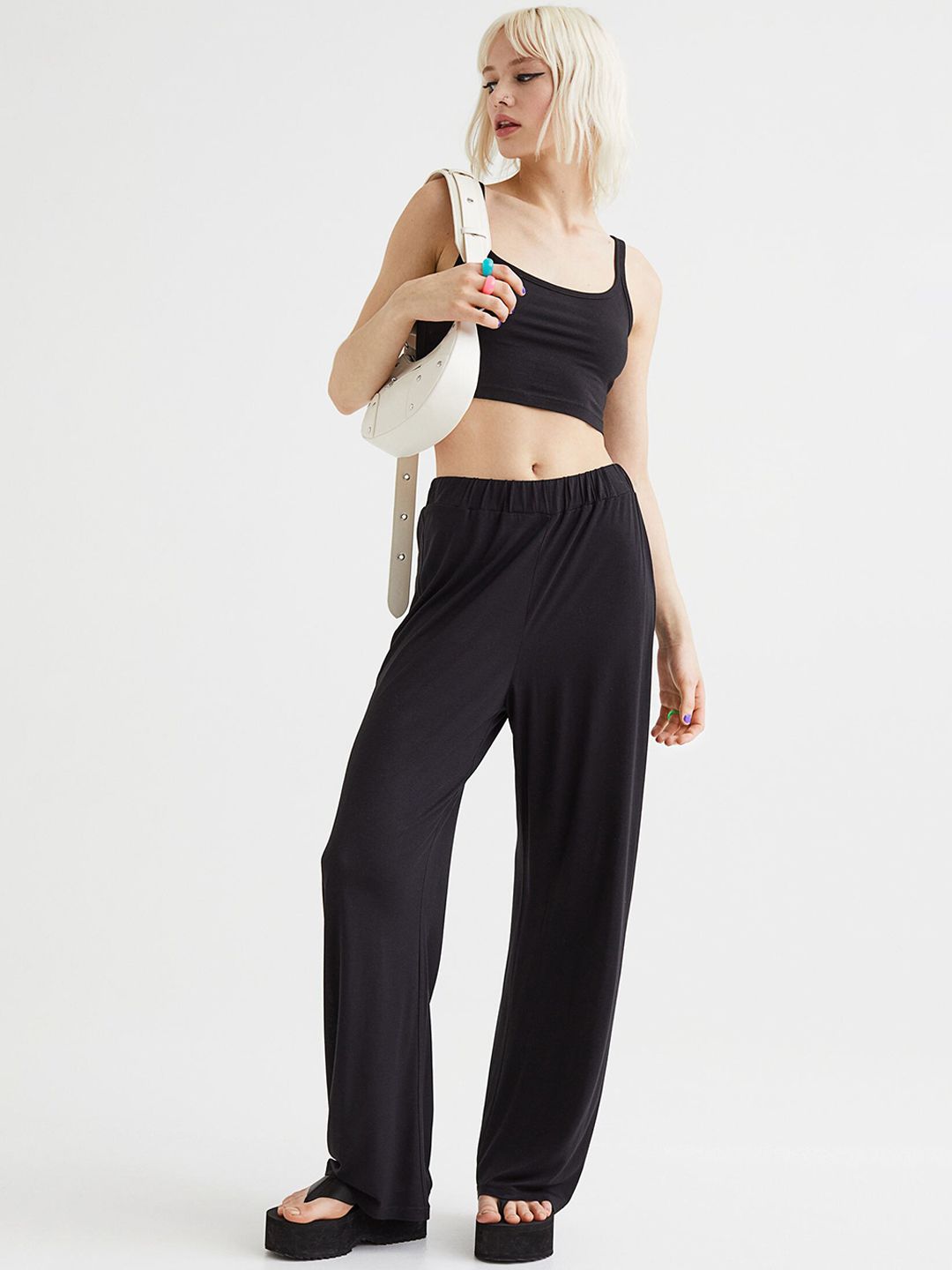 H&M Women Black Wide jersey trousers Price in India