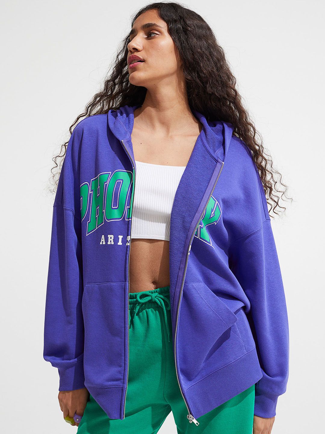 H&M Women Blue & Green Oversized Printed Zip-Through Hoodie Price in India