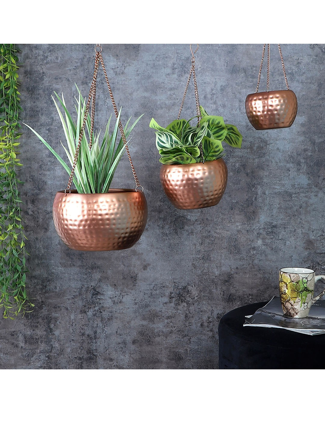 Amaya Decors Set Of 3 Copper-Toned Hammered Apple Metal Hanging Planters Price in India