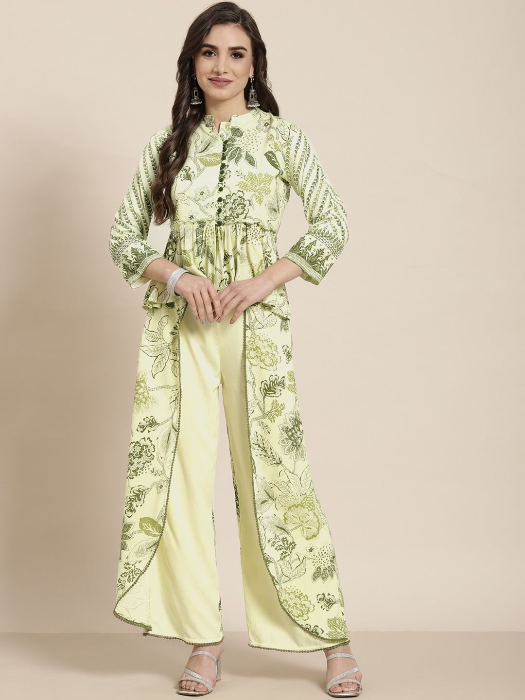Juniper Women Light Olive Green & White Printed Top with Palazzos Price in India