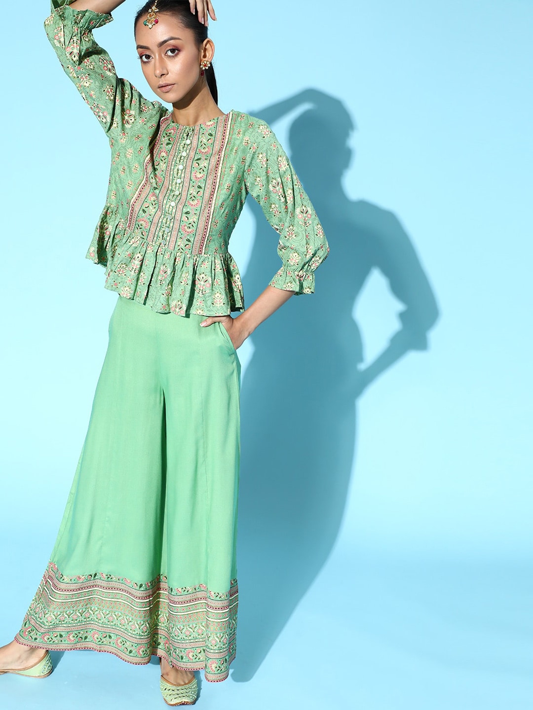 Juniper Women Green & Pink Printed Top with Palazzos Price in India