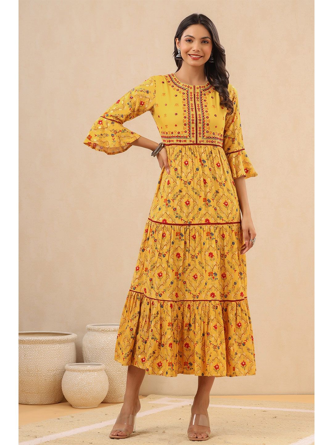 Juniper Women Yellow Ethnic Motifs Rayon Maxi Dress Price in India