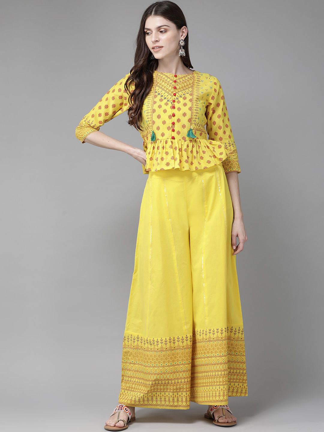 Juniper Women Yellow Cambric Printed Top with Palazzos