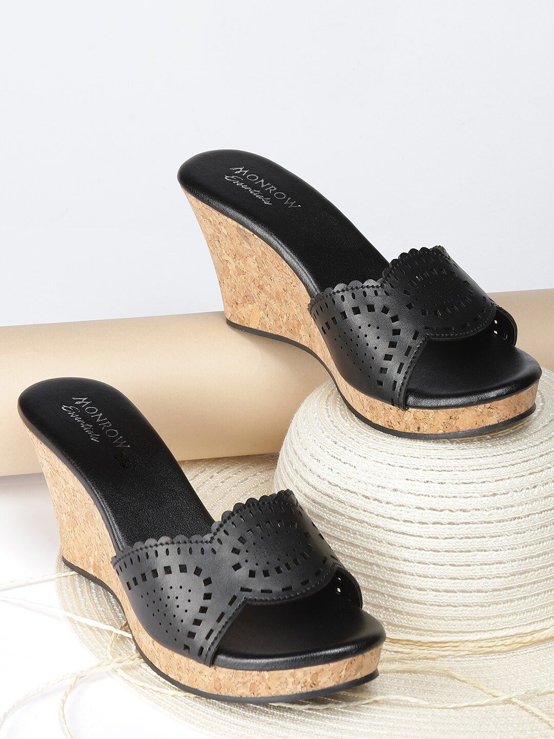 Monrow Black Embellished PU Wedge Sandals Price in India