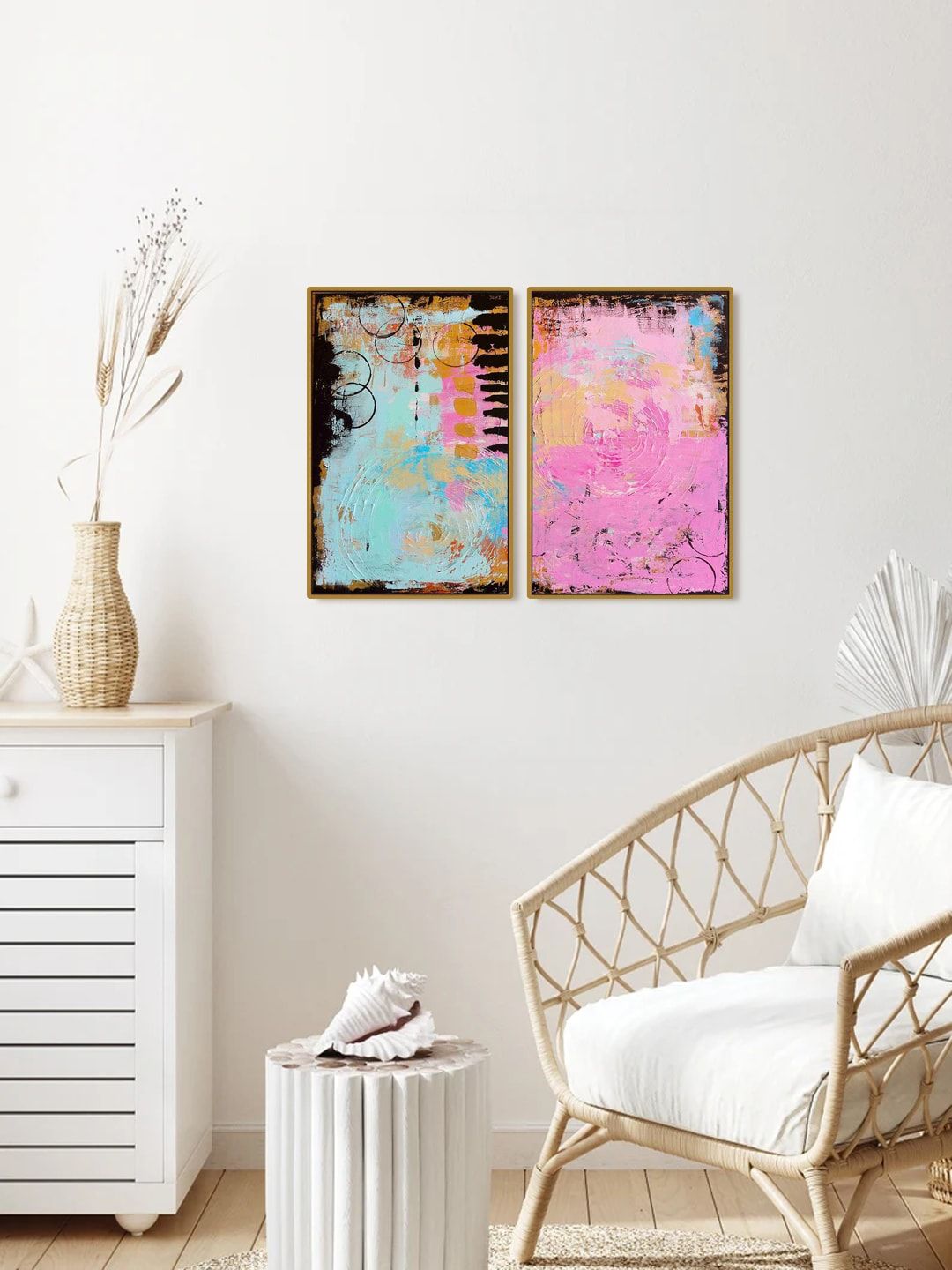 999Store Set of 2 Pink & Blue Printed Abstract Wall Art Price in India