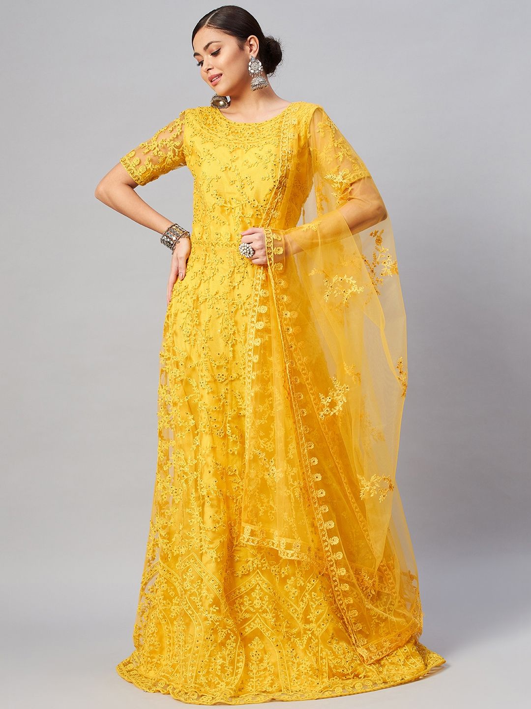 SHUBHKALA Yellow Embroidered Semi-Stitched Dress Material Price in India