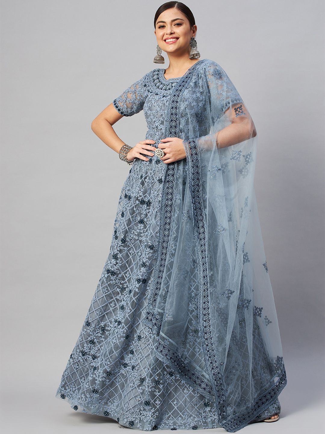 SHUBHKALA Grey Embroidered Semi-Stitched Dress Material Price in India