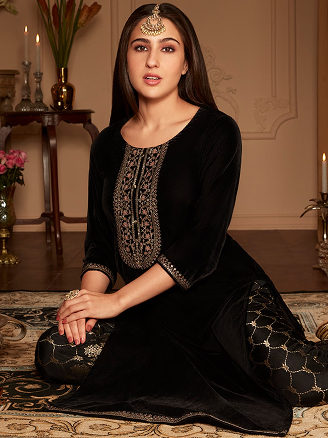 Libas Women Black Floral Yoke Design Zardozi Velvet Kurta with Trousers Price in India