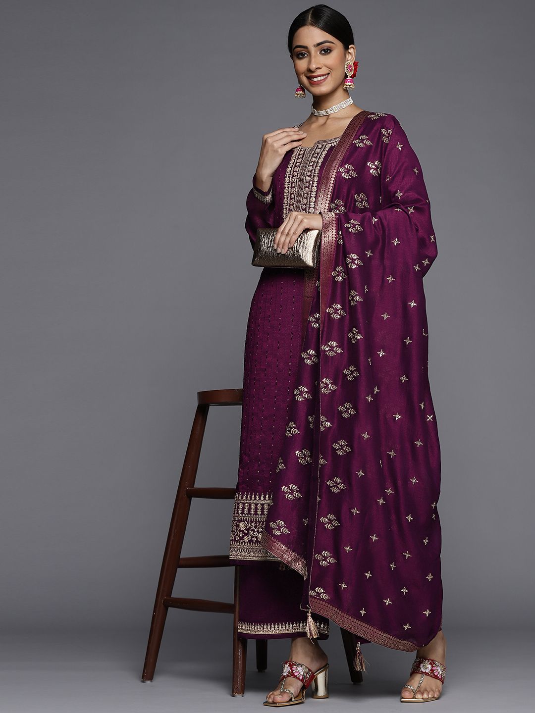 Libas Women Purple Floral Embroidered Sequinned Kurta  with Palazzos & Dupatta Price in India