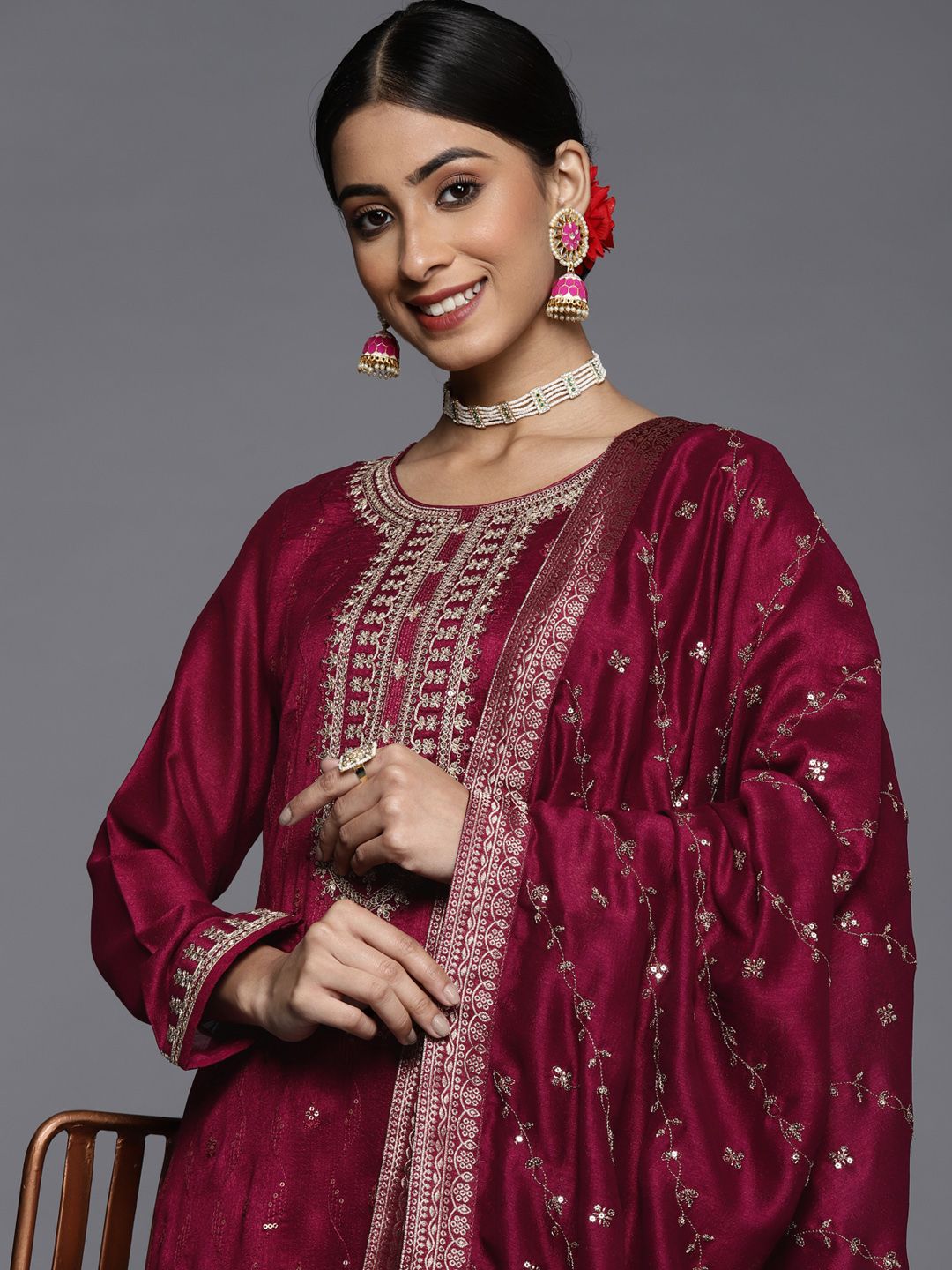 Libas Women Maroon Floral Motifs Embroidered Sequinned Kurta with Palazzos & Dupatta Price in India