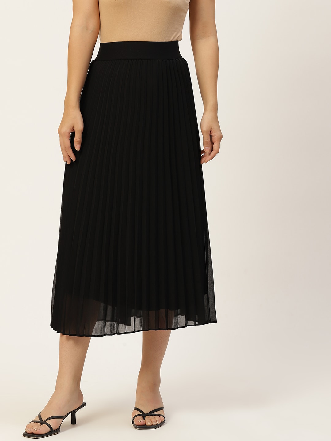 Macy's Alfani Women Black Solid Pleated A-Line Midi Skirt Price in India