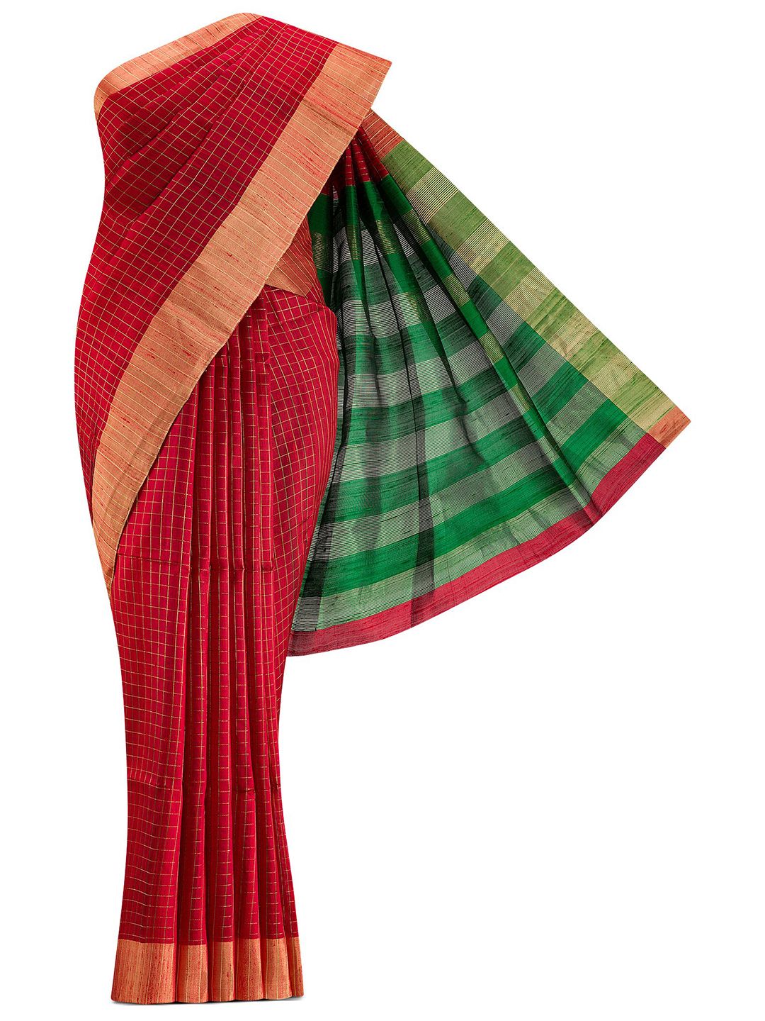 Nalli Next Red & Green Checked Zari Silk Blend Saree Price in India