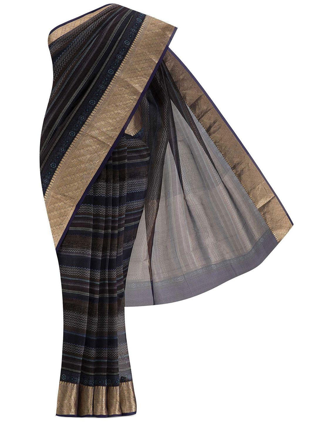 Nalli Next Blue & Gold-Toned Floral Zari Organza Saree Price in India