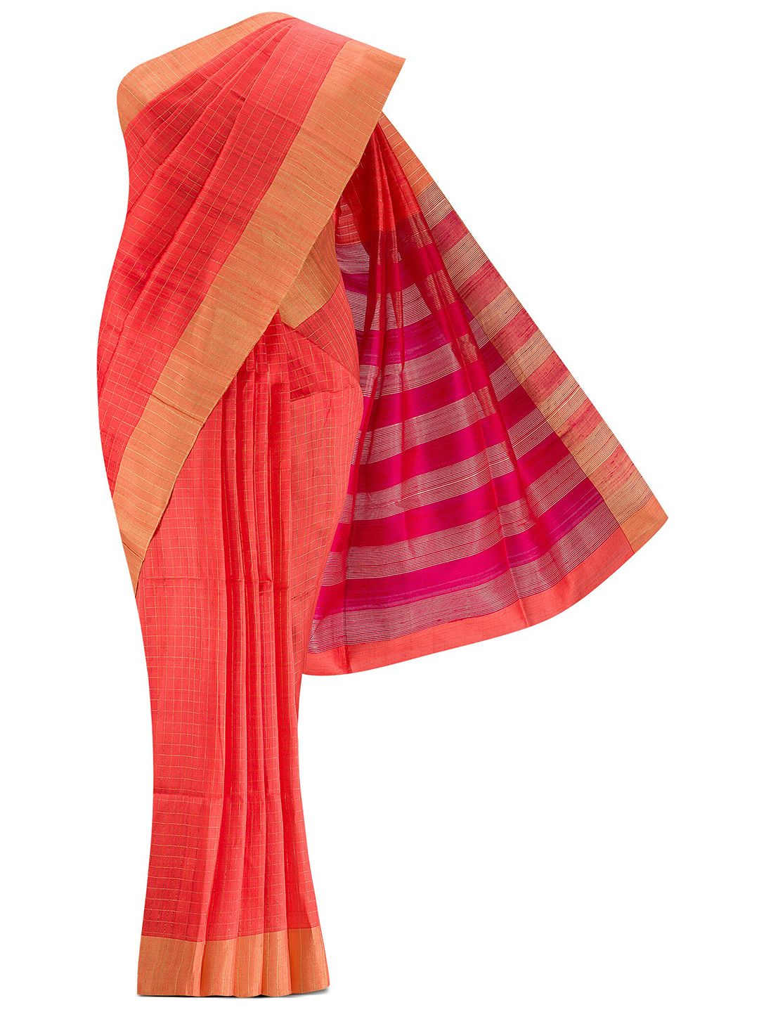 Nalli Next Coral & Gold-Toned Checked Zari Silk Blend Saree Price in India