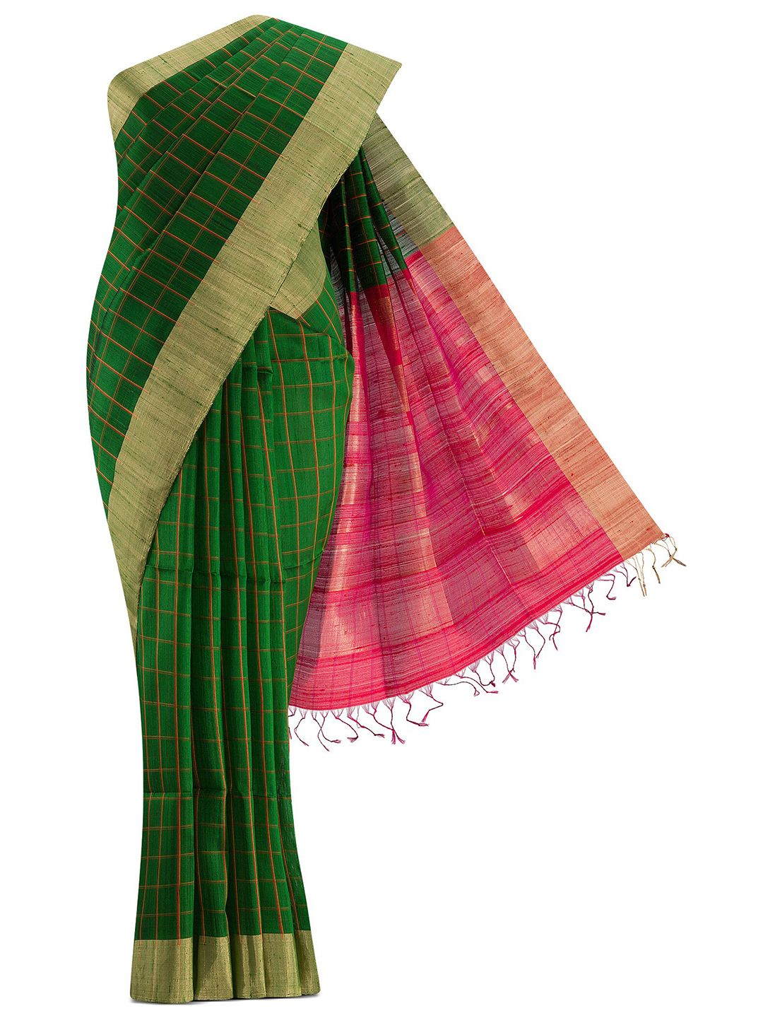 Nalli Next Green & Pink Checked Zari Silk Blend Saree Price in India