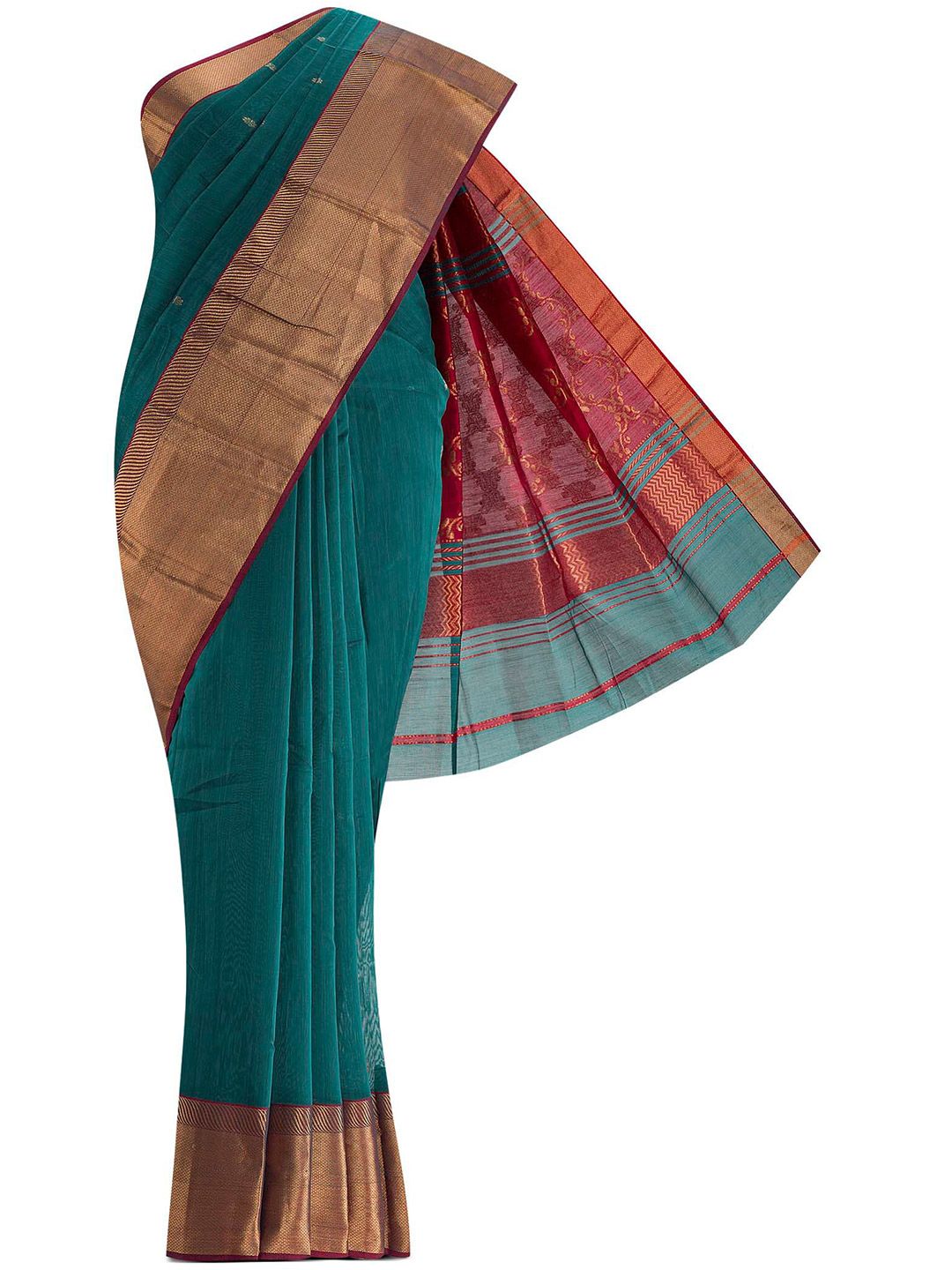 Nalli Next Teal & Gold-Toned Woven Design Zari Silk Cotton Saree Price in India