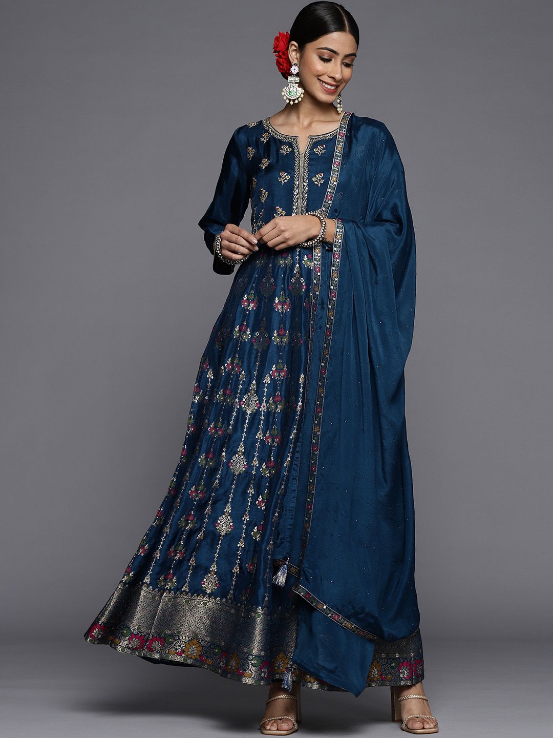 Libas Women Navy Blue Floral Embroidered Panelled Sequinned Pure Silk Kurta with Churidar & With Dupatta Price in India