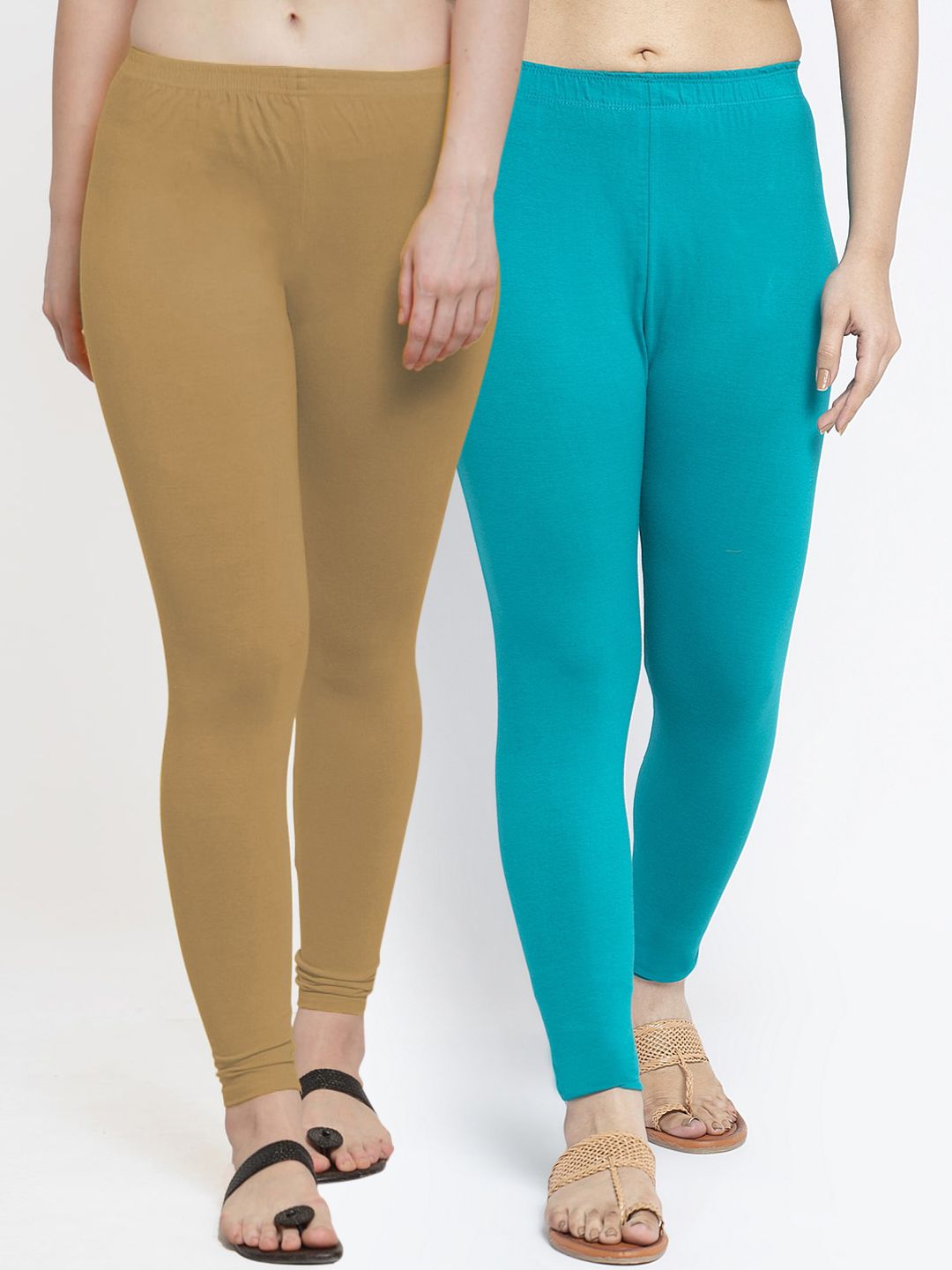 Jinfo Women Pack of 2 Solid Blue & Beige Super Combed Ankle Length Leggings Price in India