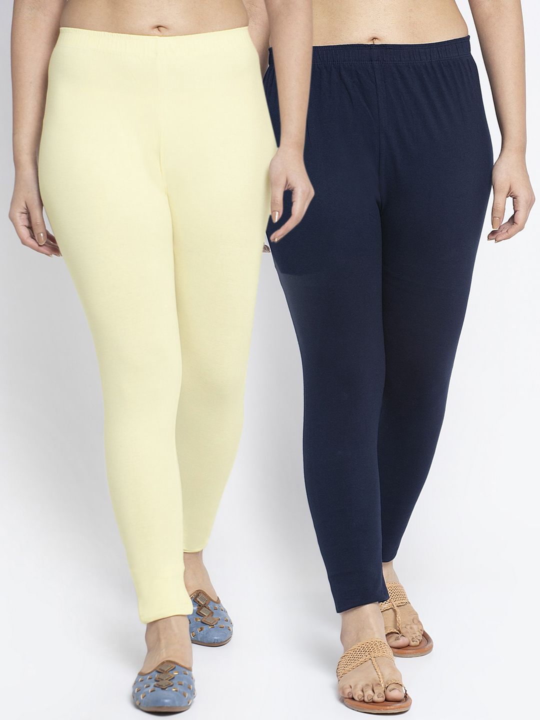 Jinfo Women Pack Of 2 Navy Blue & Cream Coloured Solid Ankle-Length Leggings Price in India