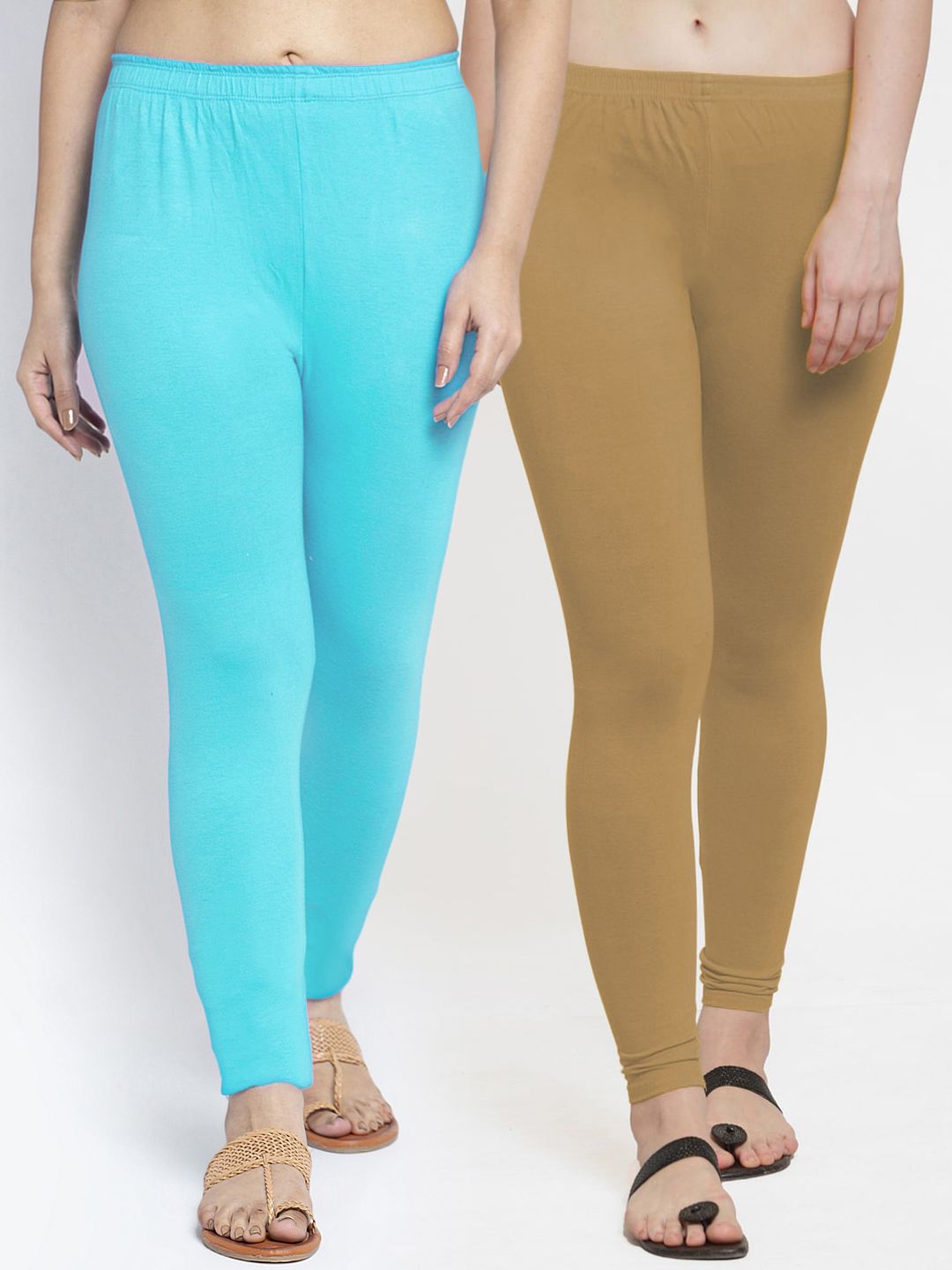 Jinfo Women Pack Of 2 Beige & Blue Solid Ankle-Length Leggings Price in India