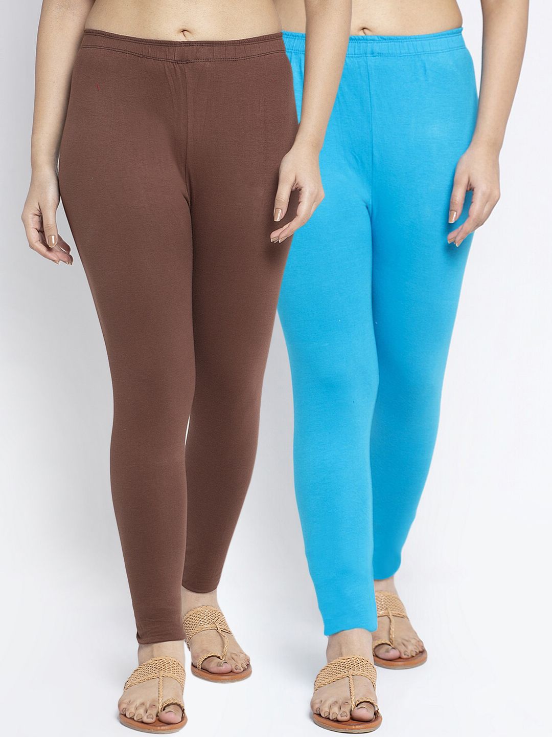 Jinfo Women Set Of 2 Brown & Blue Solid Ankle-Length Leggings Price in India