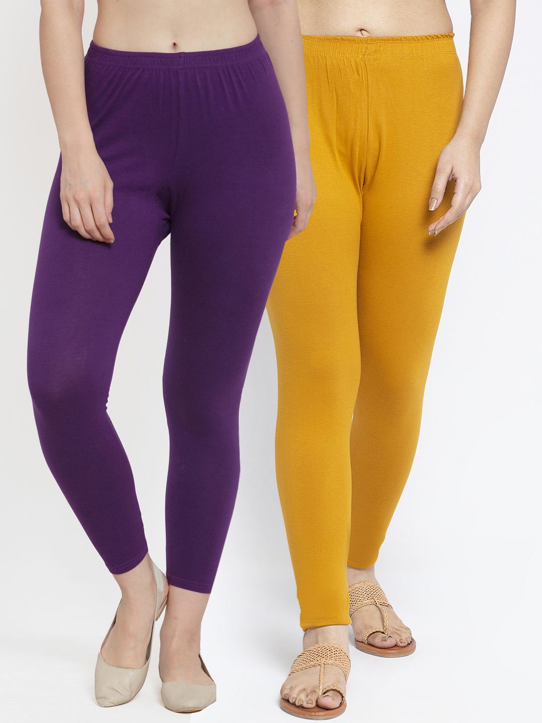 Jinfo Women Pack Of 2 Purple & Mustard Yellow Solid Ankle-Length Leggings Price in India