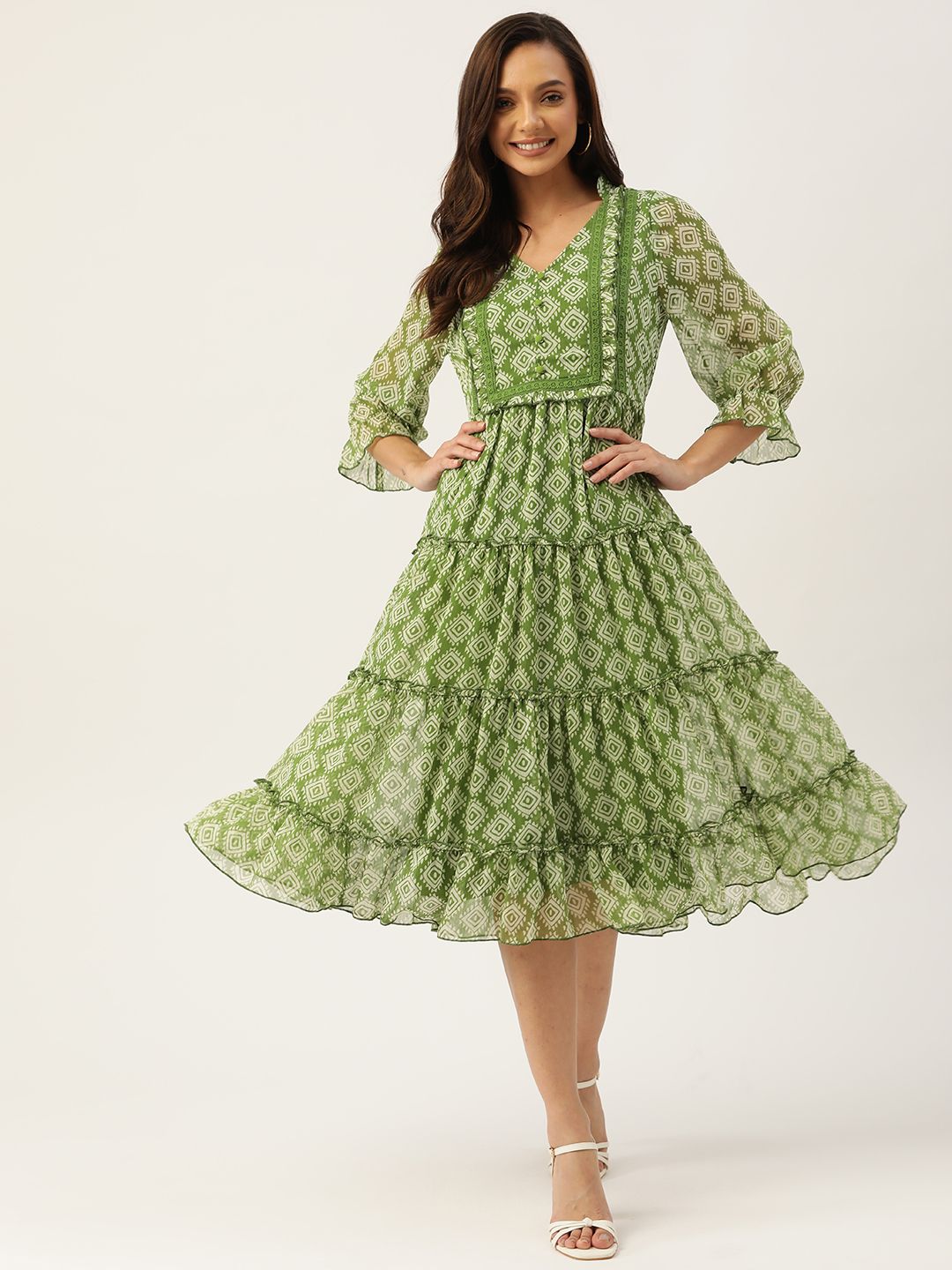 Antheaa Green & White Chiffon Geometric Print Tiered Dress Price in India